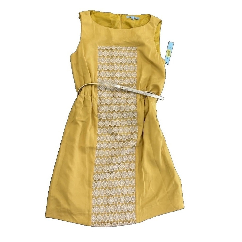Antonio Melani Dress Size 12 Mustard Yellow Lace Panel Belted NWT Cocktail